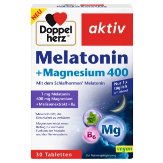 Doppelherz aktiv Melatonin + Magnesium 400 Prednji pogled Retuširani prednji pogled Zadnji pogled Pogled sa leve strane Pogled sa desne strane