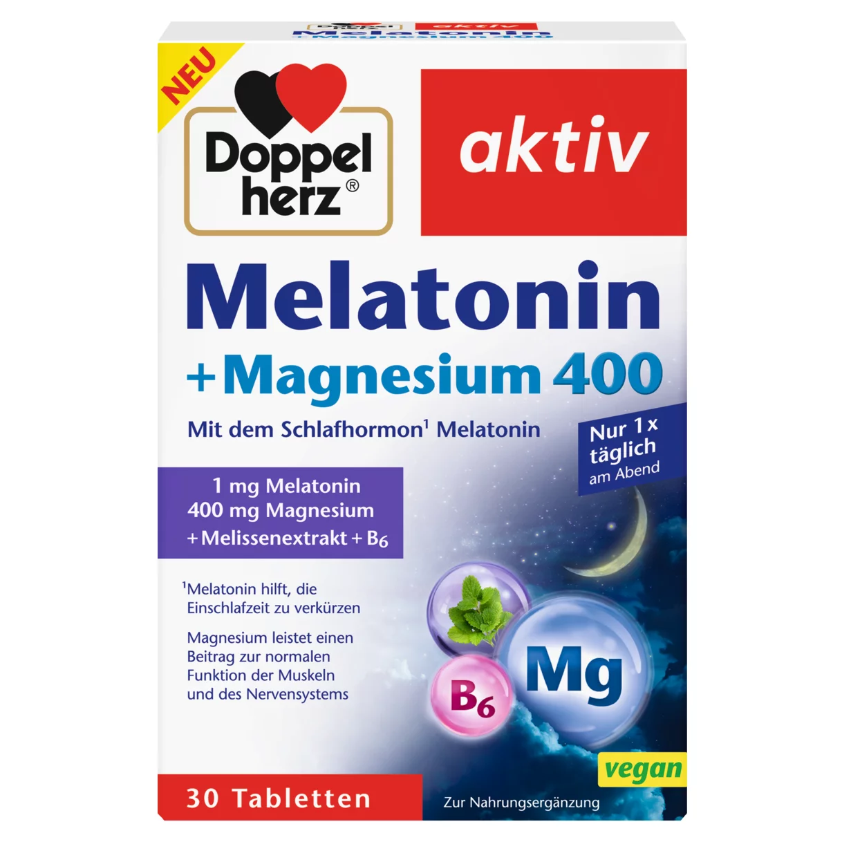 Doppelherz aktiv Melatonin + Magnesium 400 Prednji pogled Retuširani prednji pogled Zadnji pogled Pogled sa leve strane Pogled sa desne strane