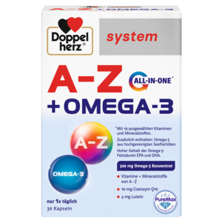 Illustration of the product packaging Doppelherz system A-Z + OMEGA-3 front view