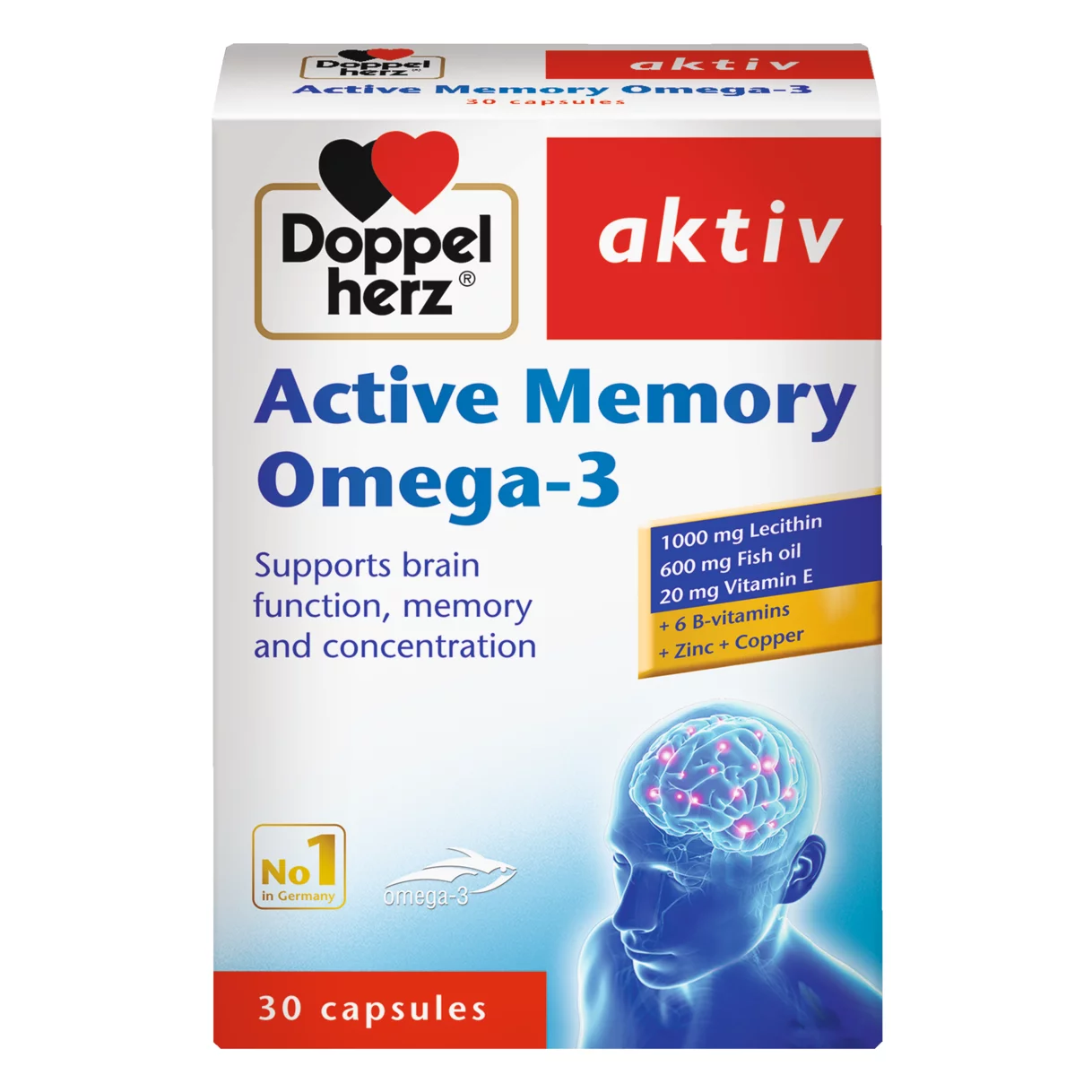 Doppelherz aktiv Active Memory Omega-3 Prednji pogled Retuširani prednji pogled Zadnji pogled Pogled sa leve strane Pogled sa desne strane