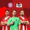 Tri fudbalera FC Bayern Münchena stoje ispred crvene pozadine sa geometrijskim oblicima srca. S lijeva na desno: Hari Kejn, Džamal Musijala i Manuel Nojer. Iznad njih se nalaze logotipi FC Bayern München i Doppelherz, što ukazuje na partnerstvo između brendova.