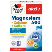 Doppelherz aktiv Magnezijum 500 + Kalcijum + Kalijum Prednji pogled Retuširani prednji pogled Zadnji pogled Pogled sa leve strane Pogled sa desne strane