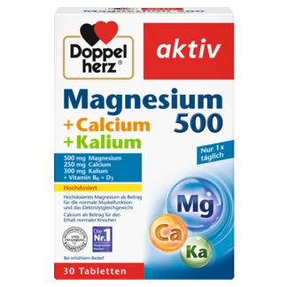 Doppelherz aktiv Magnezijum 500 + Kalcijum + Kalijum Prednji pogled Retuširani prednji pogled Zadnji pogled Pogled sa leve strane Pogled sa desne strane