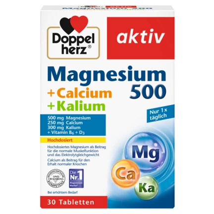 Doppelherz aktiv Magnezijum 500 + Kalcijum + Kalijum Prednji pogled Retuširani prednji pogled Zadnji pogled Pogled sa leve strane Pogled sa desne strane