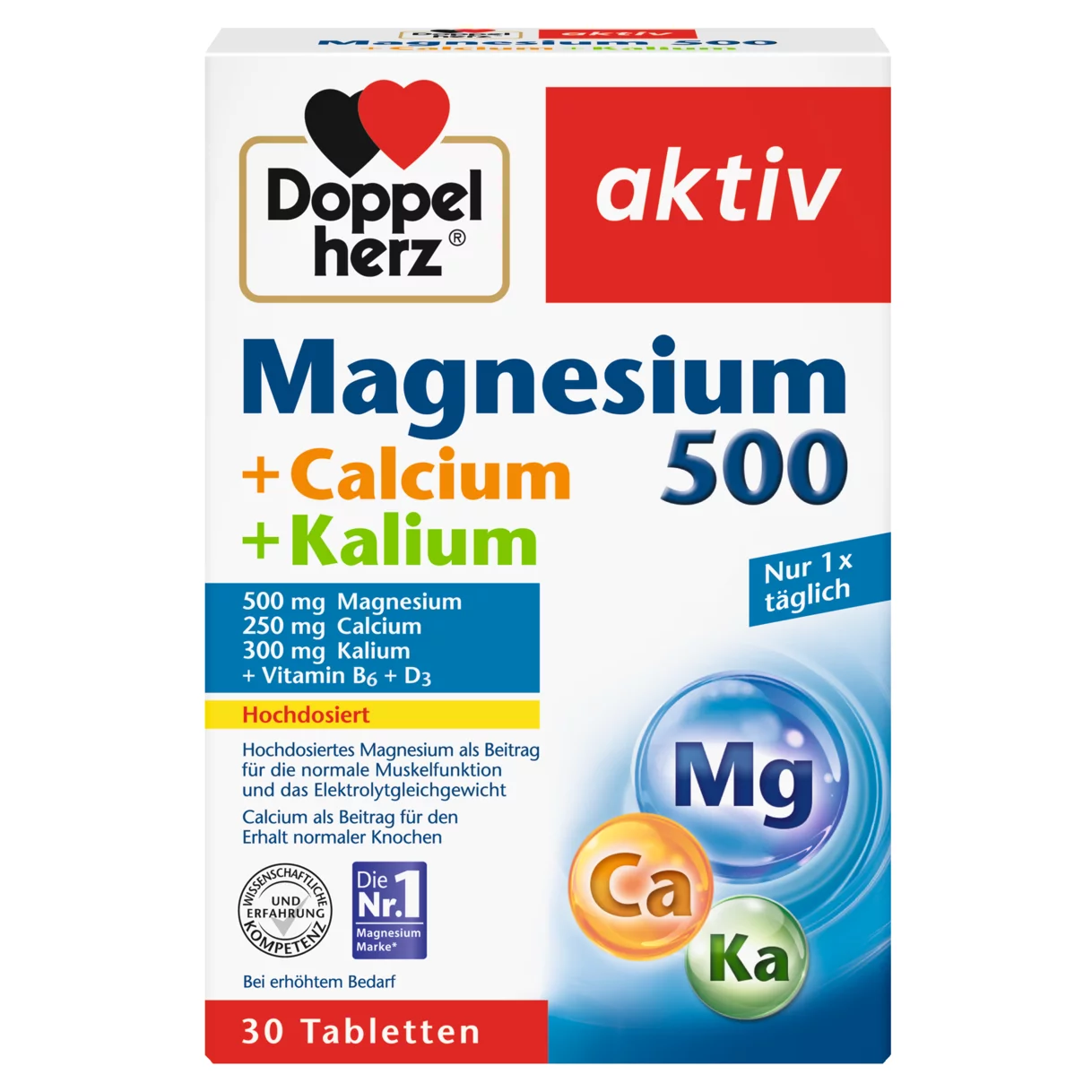 Doppelherz aktiv Magnezijum 500 + Kalcijum + Kalijum Prednji pogled Retuširani prednji pogled Zadnji pogled Pogled sa leve strane Pogled sa desne strane