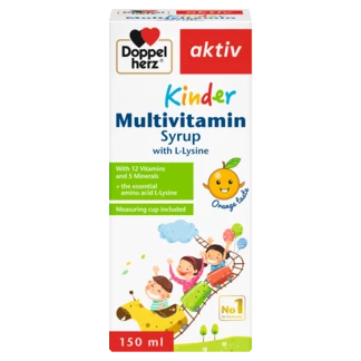 Doppelherz aktiv KINDER Multivitaminski Sirup Prednji pogled Retuširani prednji pogled Zadnji pogled Pogled sa leve strane Pogled sa desne strane