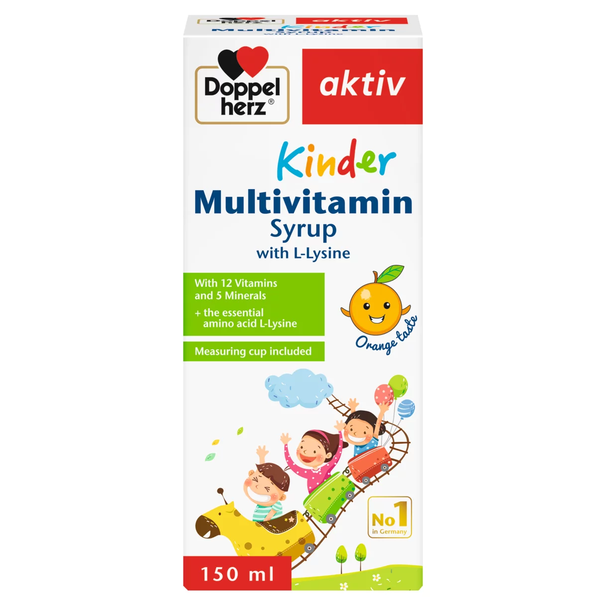 Doppelherz aktiv KINDER Multivitaminski Sirup Prednji pogled Retuširani prednji pogled Zadnji pogled Pogled sa leve strane Pogled sa desne strane