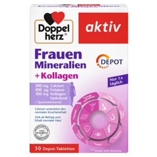 Doppelherz aktiv Minerali i vitamini za žene + Kolagen DEPO Prednji pogled Retuširani prednji pogled Zadnji pogled Pogled sa leve strane Pogled sa desne strane