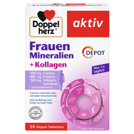 Doppelherz aktiv Minerali i vitamini za žene + Kolagen DEPO Prednji pogled Retuširani prednji pogled Zadnji pogled Pogled sa leve strane Pogled sa desne strane