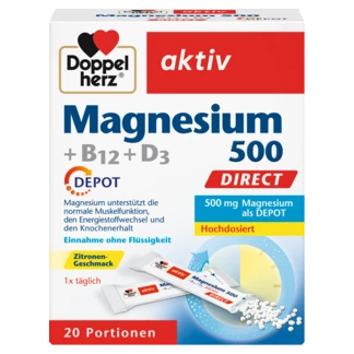 Doppelherz aktiv Magnezijum 500 + B12 + D3 DEPO DIREKT Prednji pogled Retuširani prednji pogled Zadnji pogled Pogled sa leve strane Pogled sa desne strane