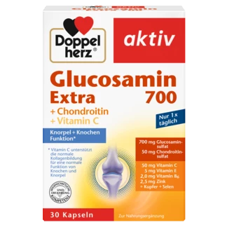 Doppelherz aktiv Glucozamin 700 EXTRA Prednji pogled Retuširani prednji pogled Zadnji pogled Pogled sa leve strane Pogled sa desne strane