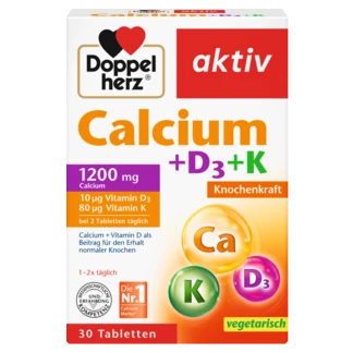 Doppelherz aktiv Kalcijum + Vitamin D3 + K Prednji pogled Retuširani prednji pogled Zadnji pogled Pogled sa leve strane Pogled sa desne strane