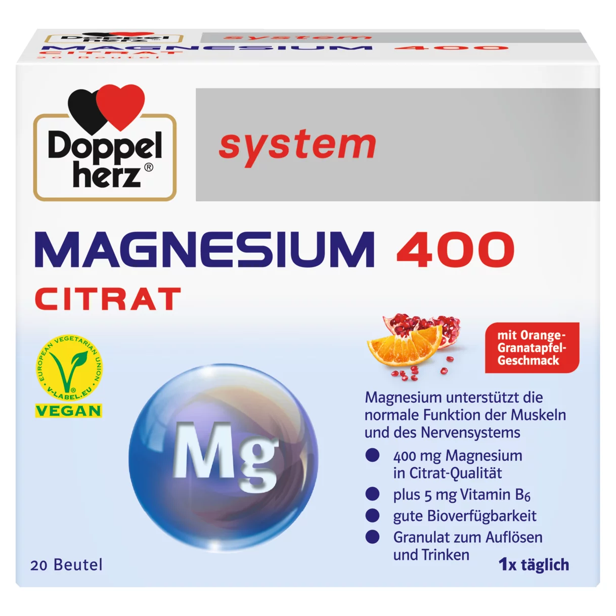 Doppelherz system MAGNEZIJUM CITRAT 400 Prednji pogled Retuširani prednji pogled Zadnji pogled Pogled sa leve strane Pogled sa desne strane