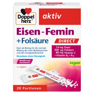 Doppelherz aktiv Gvožđe za žene + Folna kiselina DIREKT Prednji pogled Retuširani prednji pogled Zadnji pogled Pogled sa leve strane Pogled sa desne strane
