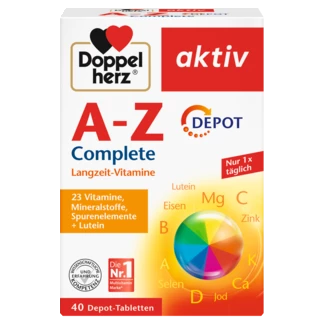 Doppelherz aktiv Vitamini i minerali od A-Z DEPO Prednji pogled Retuširani prednji pogled Zadnji pogled Pogled sa leve strane Pogled sa desne strane