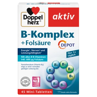 Doppelherz aktiv B-Kompleks + Folna kiselina DEPO Prednji pogled Retuširani prednji pogled Zadnji pogled Pogled sa leve strane Pogled sa desne strane