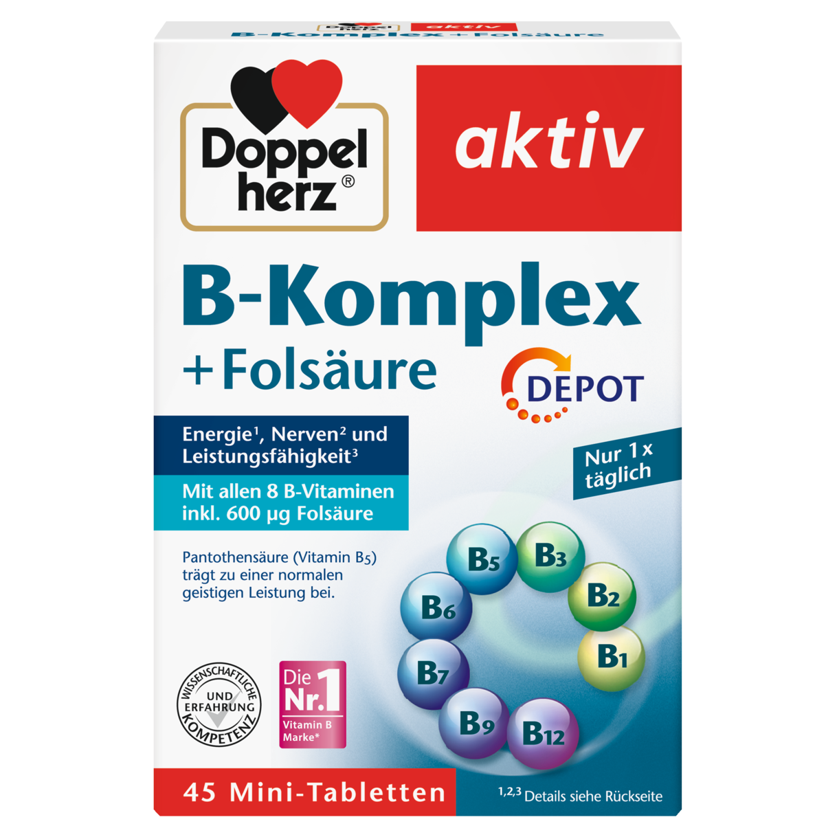 Illustration of the product packaging Doppelherz aktiv B-Kompleks + Folna kiselina DEPO front view