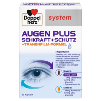 Doppelherz system VITAMINI ZA OČI PLUS Prednji pogled Retuširani prednji pogled Zadnji pogled Pogled sa leve strane Pogled sa desne strane