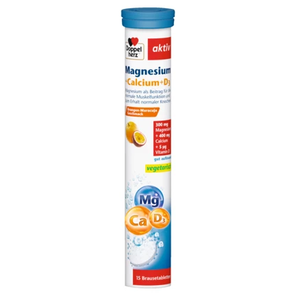 Doppelherz aktiv Magnesium + Kalcijum + D3 Prednji pogled Retuširani prednji pogled Zadnji pogled Pogled sa leve strane Pogled sa desne strane